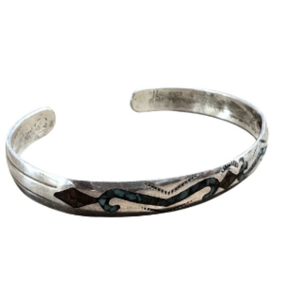 Vintage Navajo Sterling Silver Turquoise Inlay Cuff Bracelet Signed JH - Picture 2 of 7
